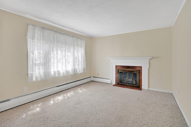 23 Charter Rd, Ellington, CT 06029 - unfurnished living room featuring crown molding, a baseboard heating unit, carpet floors, a fireplace, and baseboards