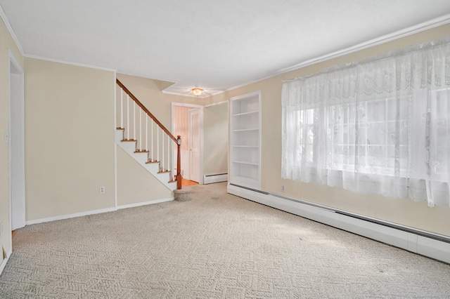 23 Charter Rd, Ellington, CT 06029 - carpeted spare room featuring baseboard heating, crown molding, stairs, and baseboards