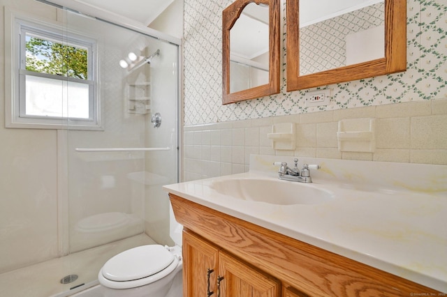 23 Charter Rd, Ellington, CT 06029 - full bath featuring wallpapered walls, toilet, vanity, a shower stall, and tile walls