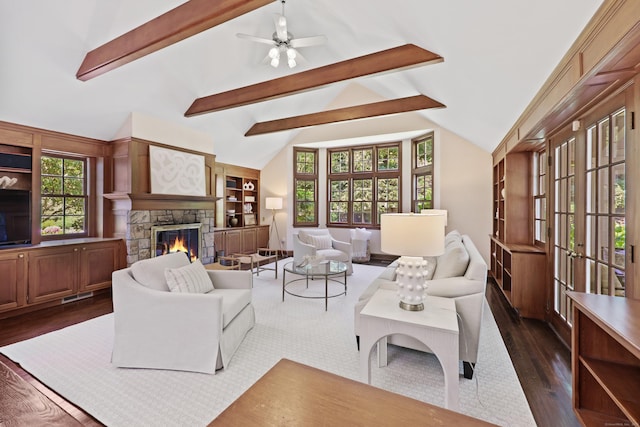 66 Stanton Rd, Darien, CT 06820 - living room with a fireplace, dark wood finished floors, and a ceiling fan