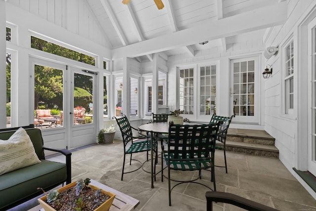 66 Stanton Rd, Darien, CT 06820 - sunroom with french doors, outdoor dining area, and a ceiling fan