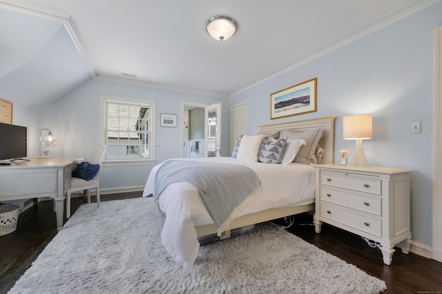 66 Stanton Rd, Darien, CT 06820 - bedroom featuring dark wood finished floors, ornamental molding, and vaulted ceiling