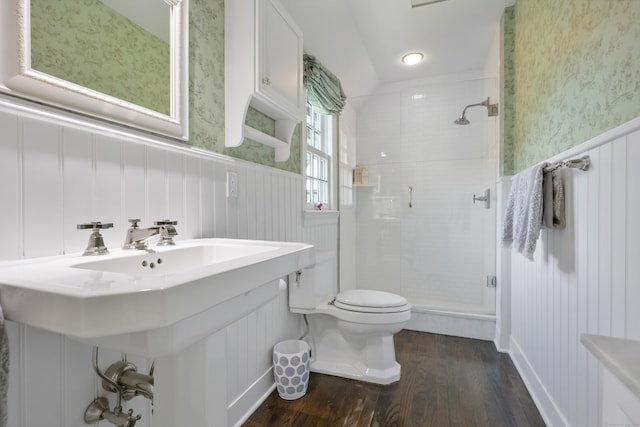 66 Stanton Rd, Darien, CT 06820 - full bathroom with a stall shower, wood finished floors, wainscoting, and a decorative wall