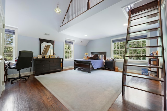 66 Stanton Rd, Darien, CT 06820 - bedroom with dark wood-style flooring, multiple windows, a desk, lofted ceiling, and recessed lighting