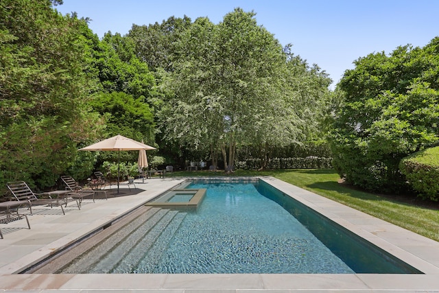 66 Stanton Rd, Darien, CT 06820 - view of pool featuring a patio area, a pool with connected hot tub, and a lawn