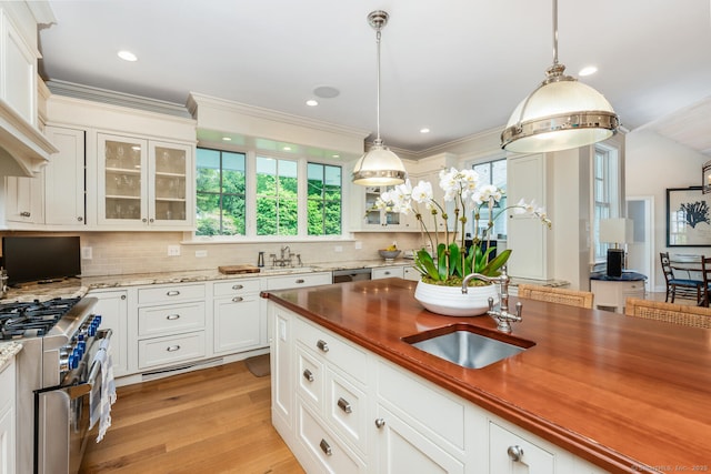 3 Bittersweet Trl, Norwalk, CT 06853 - kitchen featuring stainless steel appliances, a sink, backsplash, glass insert cabinets, and light wood finished floors