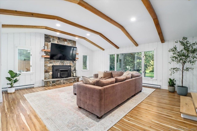 10 Fernbrook Dr, Brookfield, CT 06804 - living room with baseboard heating, wood finished floors, a fireplace, and recessed lighting
