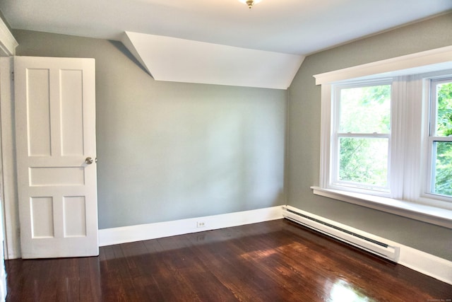 10 Fleming St, Waterbury, CT 06710 - bonus room with a baseboard heating unit, baseboards, lofted ceiling, and dark wood-style flooring