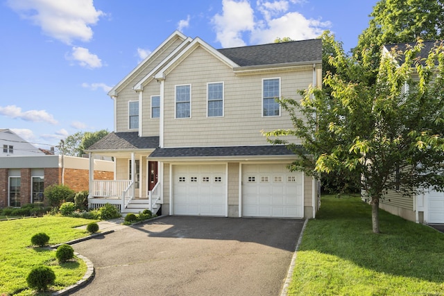 1-1/2 Colony St, Norwalk, CT 06851 - view of front facade with driveway, a front yard, an attached garage, roof with shingles, and a porch