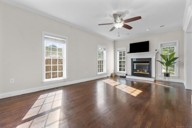 1-1/2 Colony St, Norwalk, CT 06851 - unfurnished living room with wood finished floors, ornamental molding, a ceiling fan, a glass covered fireplace, and baseboards