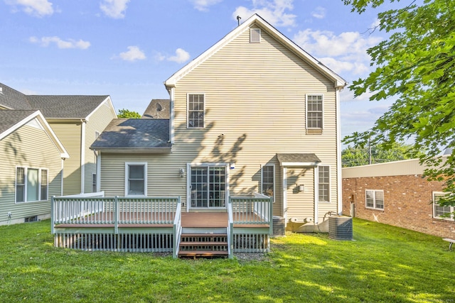1-1/2 Colony St, Norwalk, CT 06851 - rear view of property with a lawn, a wooden deck, a shingled roof, and central AC