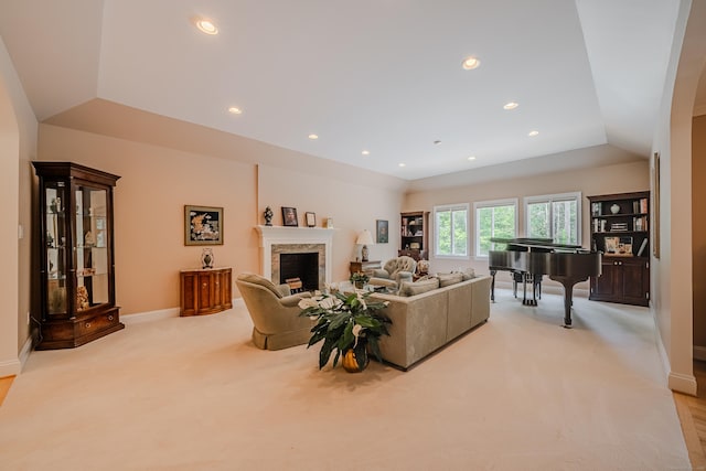 5 Stone Wall Ln, Woodbridge, CT 06525 - carpeted living room with a fireplace, recessed lighting, lofted ceiling, and baseboards