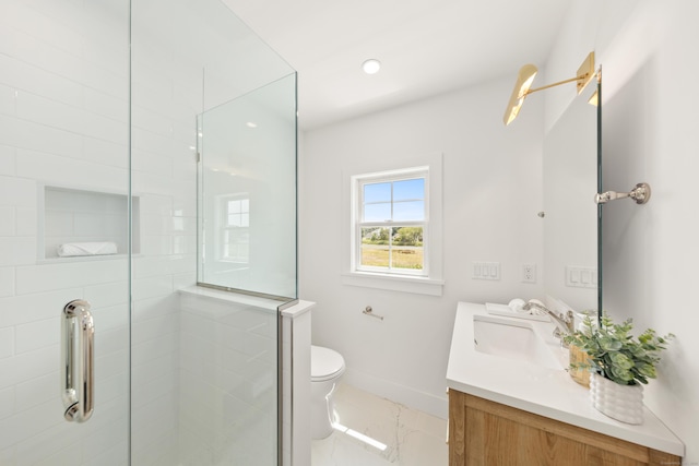 105 Blake Dr, Fairfield, CT 06824 - full bathroom featuring baseboards, double vanity, marble look tiles, toilet, and tiled shower