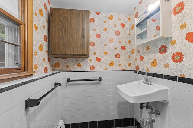 26 Caroldon Rd, Middletown, CT 06457 - bathroom featuring wallpapered walls, tile walls, and wainscoting
