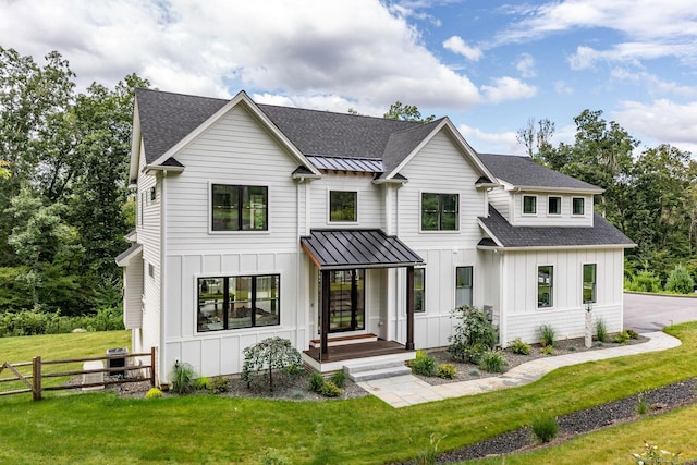 4 Vona Way, Newtown, CT 06470 - modern farmhouse with board and batten siding, roof with shingles, a standing seam roof, and a metal roof
