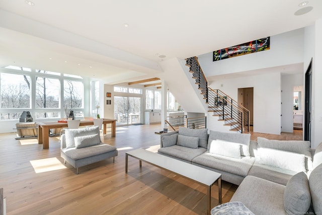 4 Vona Way, Newtown, CT 06470 - living room featuring stairway, light wood-type flooring, and recessed lighting