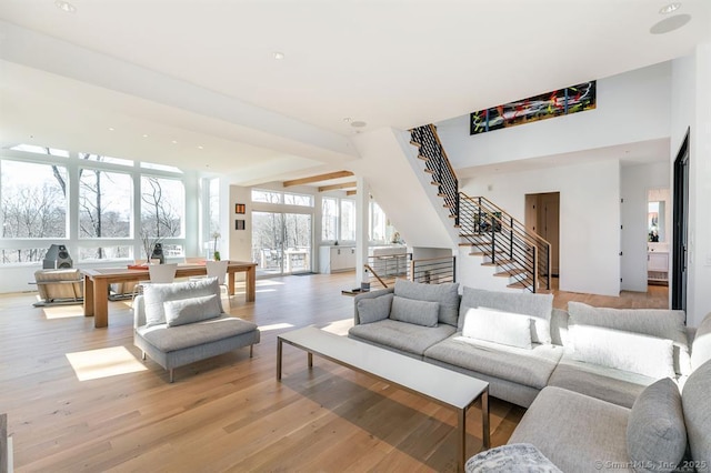 4 Vona Way, Newtown, CT 06470 - living room featuring stairway, light wood finished floors, and recessed lighting