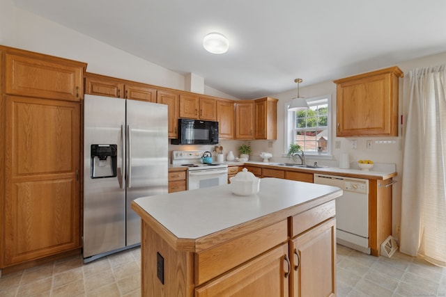 7 Rose Ct, East Windsor, CT 06088 - kitchen featuring white appliances, a sink, vaulted ceiling, light countertops, and a kitchen island