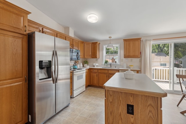 7 Rose Ct, East Windsor, CT 06088 - kitchen with stainless steel refrigerator with ice dispenser, black microwave, white electric stove, light countertops, and light floors