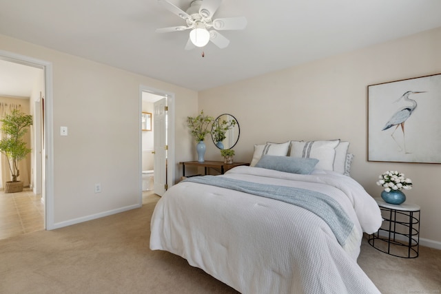 7 Rose Ct, East Windsor, CT 06088 - bedroom with light colored carpet, baseboards, ensuite bath, and ceiling fan