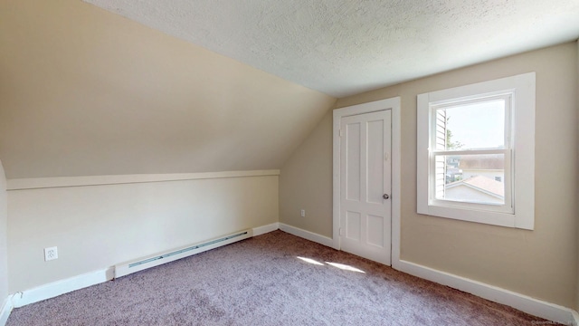 24 N St, Meriden, CT 06451 - bonus room featuring a baseboard radiator, carpet flooring, a textured ceiling, lofted ceiling, and baseboards