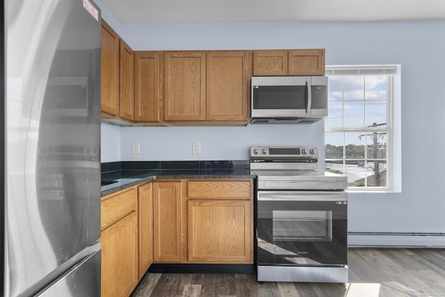 728 Quinnipiac Ave, New Haven, CT 06513 - kitchen featuring appliances with stainless steel finishes, baseboard heating, dark wood-style floors, and brown cabinetry