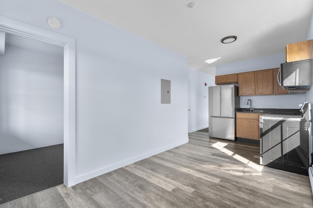 728 Quinnipiac Ave, New Haven, CT 06513 - kitchen featuring stainless steel appliances, a sink, electric panel, dark countertops, and wood finished floors