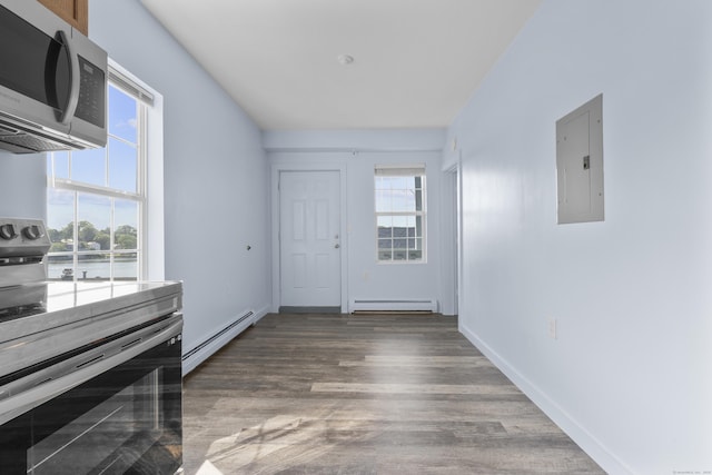 728 Quinnipiac Ave, New Haven, CT 06513 - foyer entrance featuring electric panel, a baseboard radiator, a baseboard heating unit, wood finished floors, and a water view