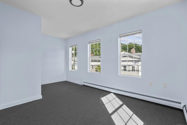 728 Quinnipiac Ave, New Haven, CT 06513 - unfurnished room featuring a baseboard radiator, baseboards, and dark colored carpet