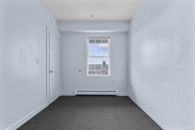 728 Quinnipiac Ave, New Haven, CT 06513 - spare room featuring baseboard heating, dark colored carpet, and baseboards