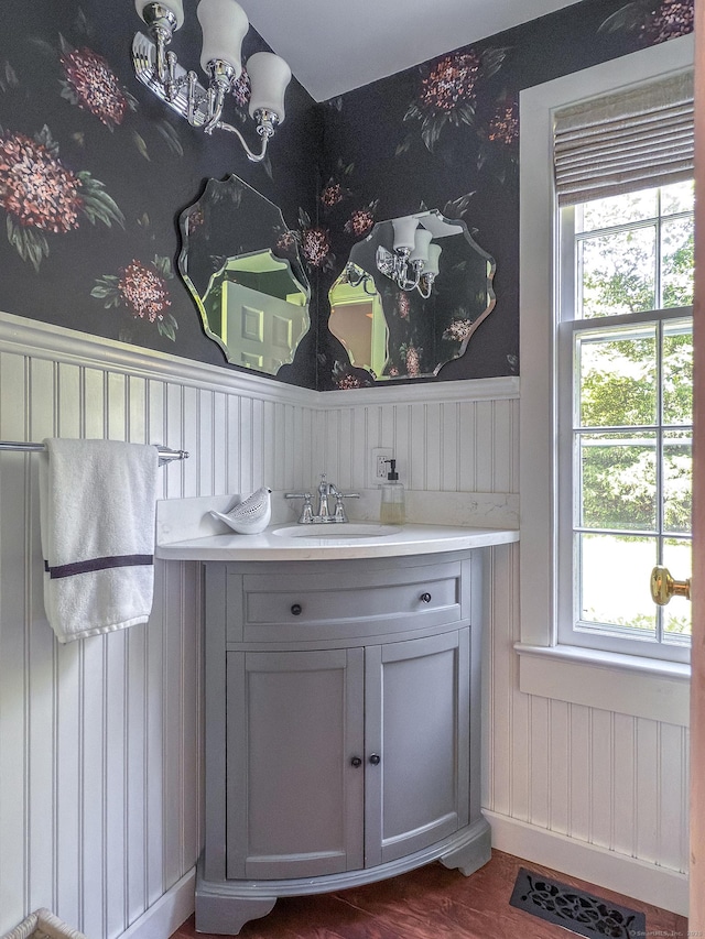 59 Davids Hill Rd, Woodbury, CT 06798 - bathroom with vanity, a wainscoted wall, and wallpapered walls