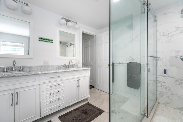59 Davids Hill Rd, Woodbury, CT 06798 - full bath featuring marble finish floors, a marble finish shower, and double vanity