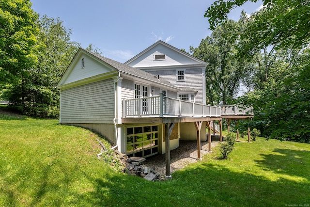 59 Davids Hill Rd, Woodbury, CT 06798 - rear view of property featuring a wooden deck, a lawn, a shingled roof, and stairway