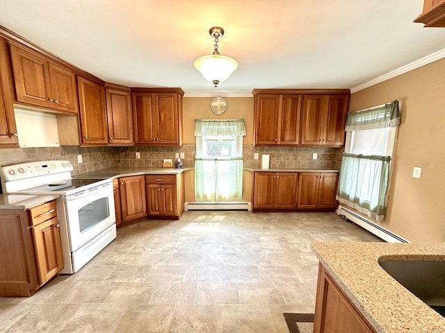 11 Abbe Rd, East Windsor, CT 06088 - kitchen featuring white electric range oven, a baseboard radiator, brown cabinets, tasteful backsplash, and crown molding