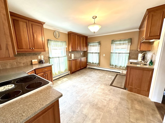 11 Abbe Rd, East Windsor, CT 06088 - kitchen with a baseboard radiator, brown cabinetry, white electric stove, tasteful backsplash, and crown molding