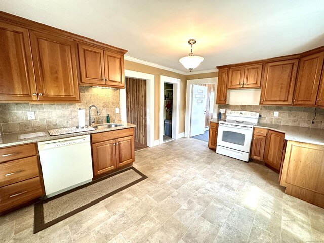 11 Abbe Rd, East Windsor, CT 06088 - kitchen with white appliances, crown molding, and brown cabinetry