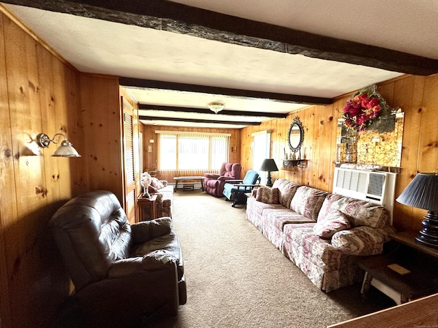 11 Abbe Rd, East Windsor, CT 06088 - carpeted living room featuring beamed ceiling, wood walls, and cooling unit