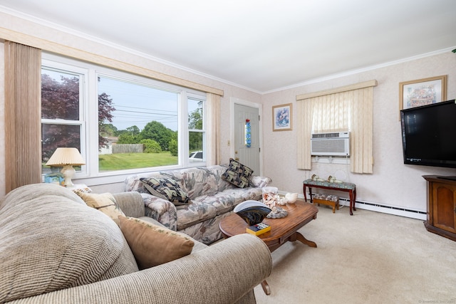 living area featuring light carpet, ornamental molding, cooling unit, and baseboard heating