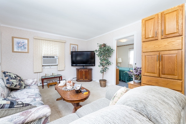 living room featuring carpet, ornamental molding, cooling unit, and a baseboard heating unit