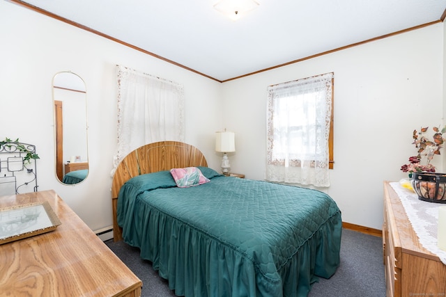 carpeted bedroom featuring crown molding and baseboard heating