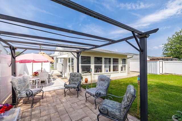 fenced backyard with a pergola, a storage unit, a patio, and outdoor dining area