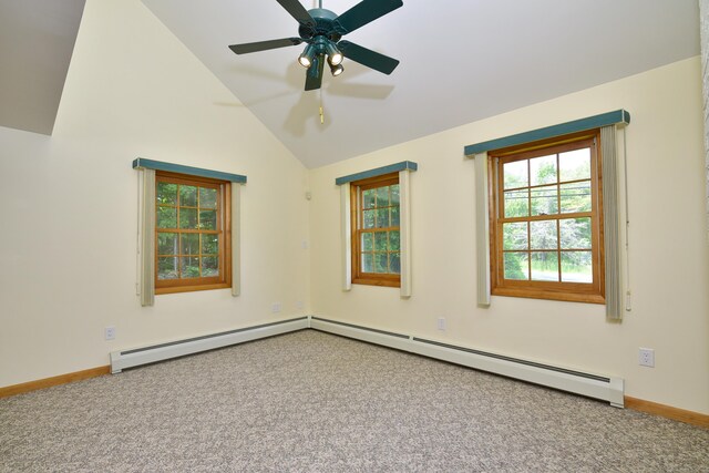 118 Putnam Rd, Pomfret, CT 06259 - carpeted spare room with healthy amount of natural light, vaulted ceiling, baseboards, ceiling fan, and a baseboard heating unit