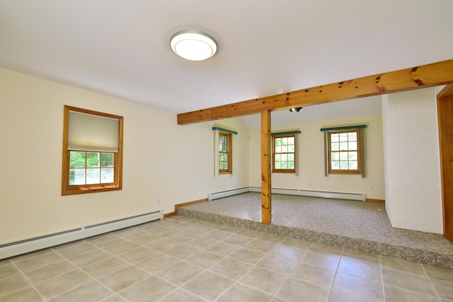 118 Putnam Rd, Pomfret, CT 06259 - unfurnished room featuring a baseboard radiator, light carpet, beamed ceiling, baseboards, and light tile patterned flooring