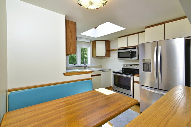 118 Putnam Rd, Pomfret, CT 06259 - kitchen with appliances with stainless steel finishes, a skylight, light countertops, a sink, and light wood finished floors