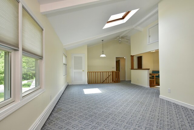 118 Putnam Rd, Pomfret, CT 06259 - carpeted spare room featuring a skylight, beam ceiling, high vaulted ceiling, a ceiling fan, and baseboards