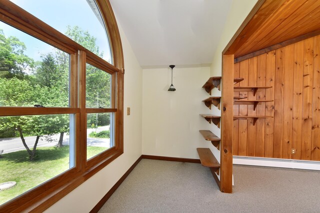 118 Putnam Rd, Pomfret, CT 06259 - staircase featuring a baseboard radiator, carpet flooring, baseboards, healthy amount of natural light, and lofted ceiling