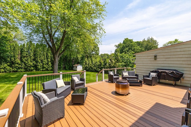 100 Grandview St, Manchester, CT 06040 - wooden terrace with outdoor lounge area, a lawn, and a grill