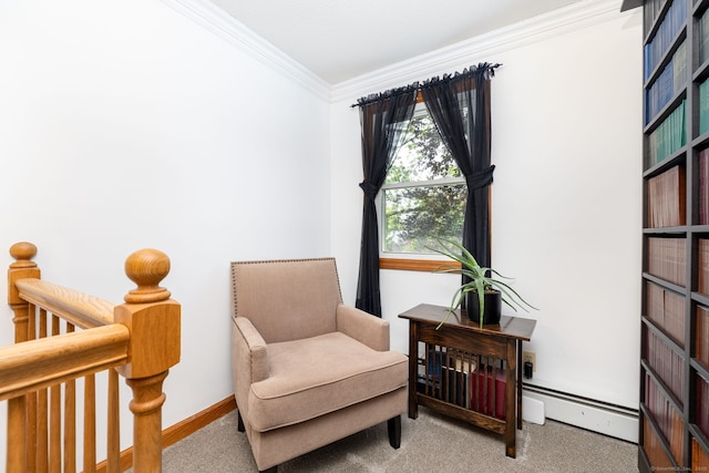 100 Grandview St, Manchester, CT 06040 - living area with a baseboard radiator, ornamental molding, carpet flooring, and baseboards
