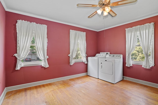 2 Stowe Pl, Trumbull, CT 06611 - laundry area featuring washing machine and dryer, wood finished floors, ceiling fan, and crown molding
