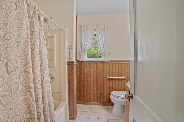 2 Stowe Pl, Trumbull, CT 06611 - bathroom featuring wainscoting, tile patterned flooring, vanity, and shower / tub combo with curtain